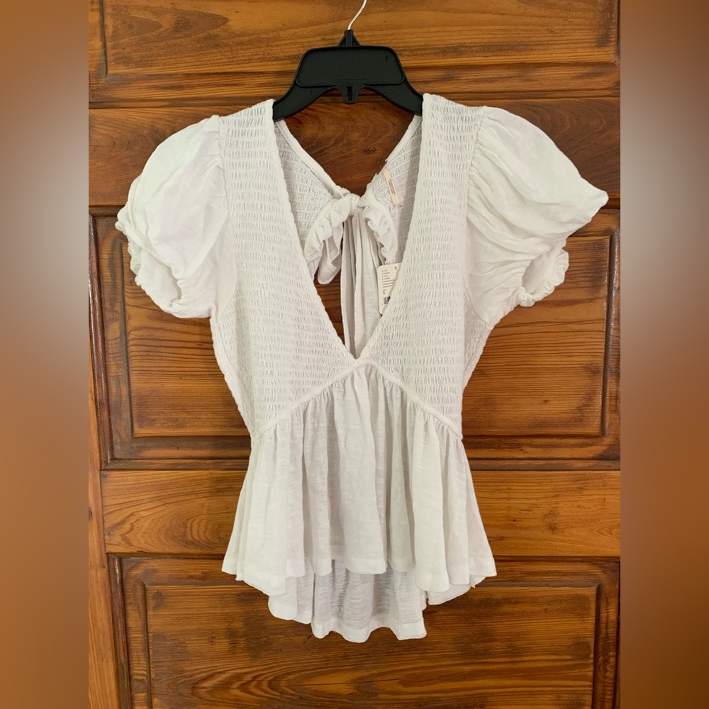 Free People White Smocked Puff Sleeve Peplum Top